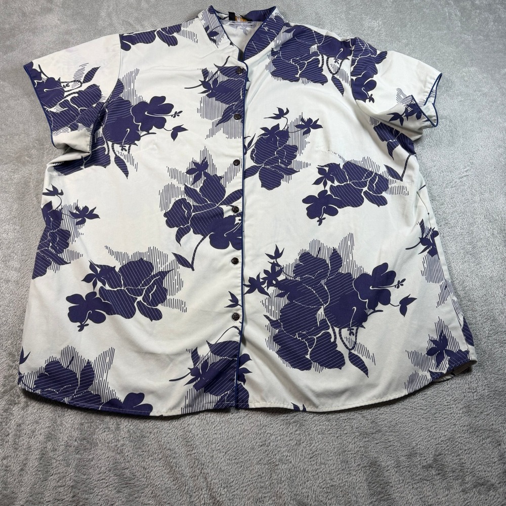 Vtg Iolani Button Up Shirt Women 3X White Purple Floral Hawaiian Short Sleeve